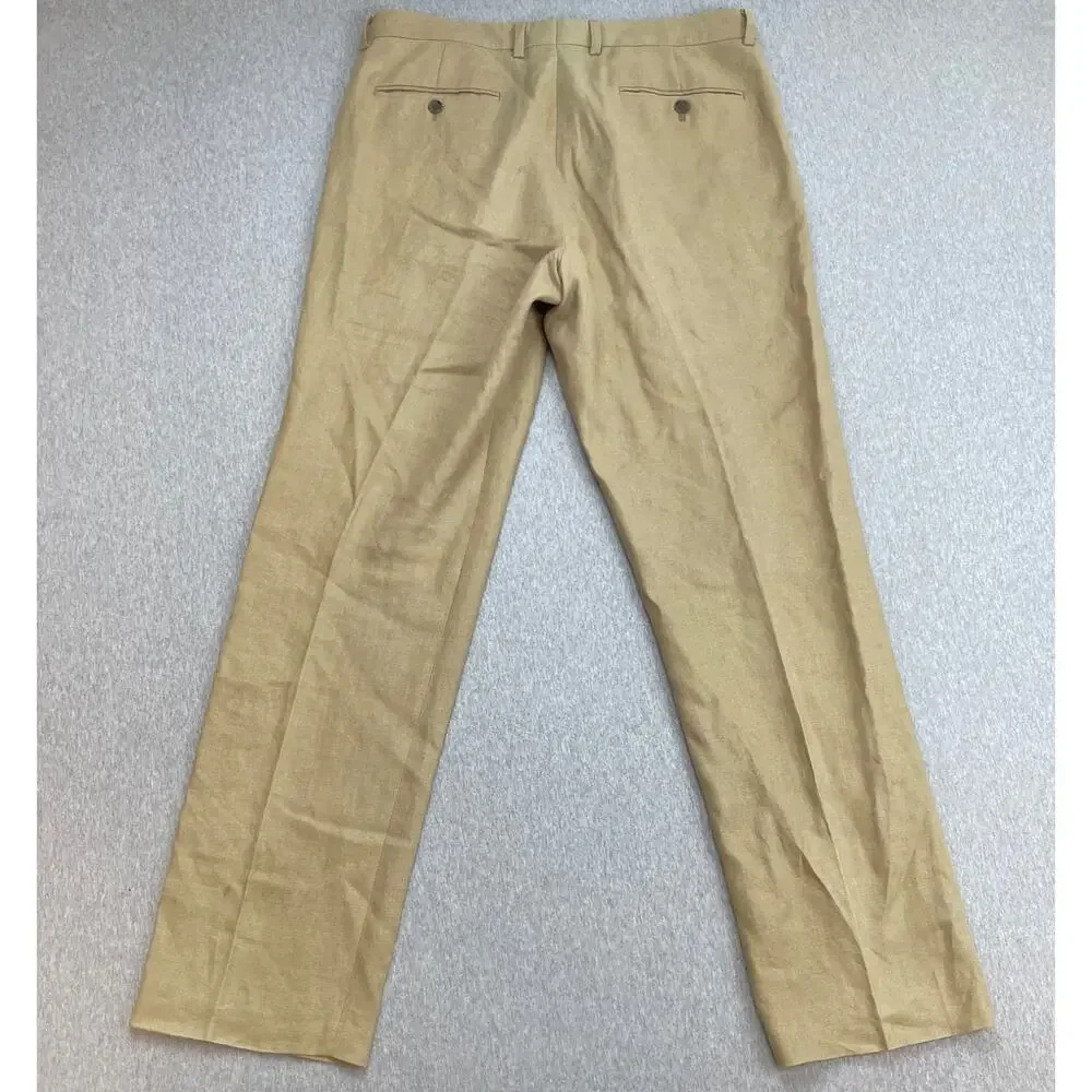 J Crew Pants Mens 34 x 32 Beige 100% Irish Linen Flat Front Dress